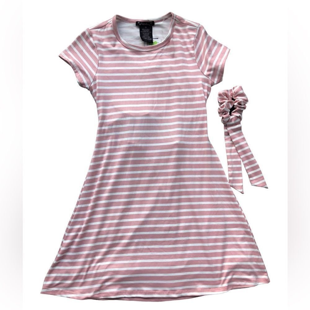 NWT GB Girls Stripe Light Pink & White Stretch Dress Open Back Hair Scrunchy